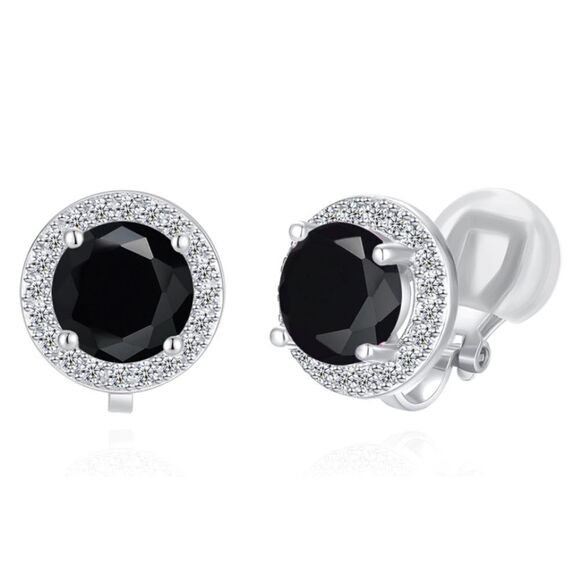Silver with Black Onyx and White Diamond Cubic Zirconia Stud Clip On Earrings - Picture 1 of 7